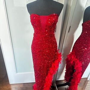 Glamorous Red Sequin Dress with Feather Trim